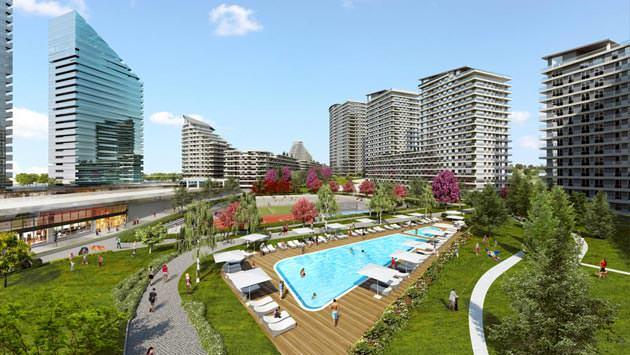 Site içerisinden Batışehir projesi ve havuzun görüntüsü