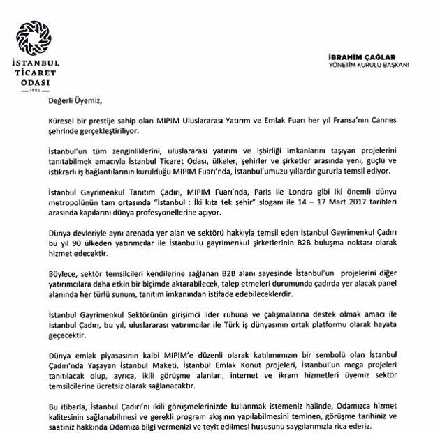 ito başkanı ibrahim çağlardan mipim 2017 mektubu