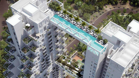 singapurdaki sky habitat projesinin köprü şeklindeki yüzme havuzu