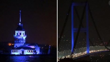 Boğaziçi Köprüsü ve Kız Kulesi mavi renk ile ışıklandırıldı
