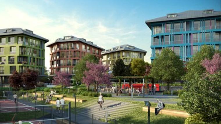 Sarıyer Panaroma Life projesinin yeşil, mavi, turuncu ve sarı renkli binaları