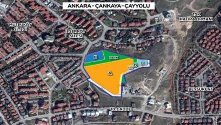 Emlak Konut GYO'nun satışa çıkardığı Ankara Çayyolu arsalarının uydu resmi
